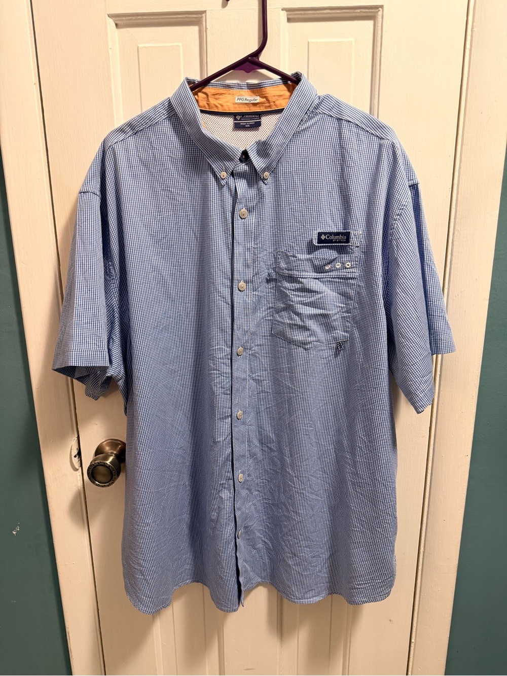 Columbia PFG Light Blue & White Mini-Check Short Sleeve Button-Up XXL